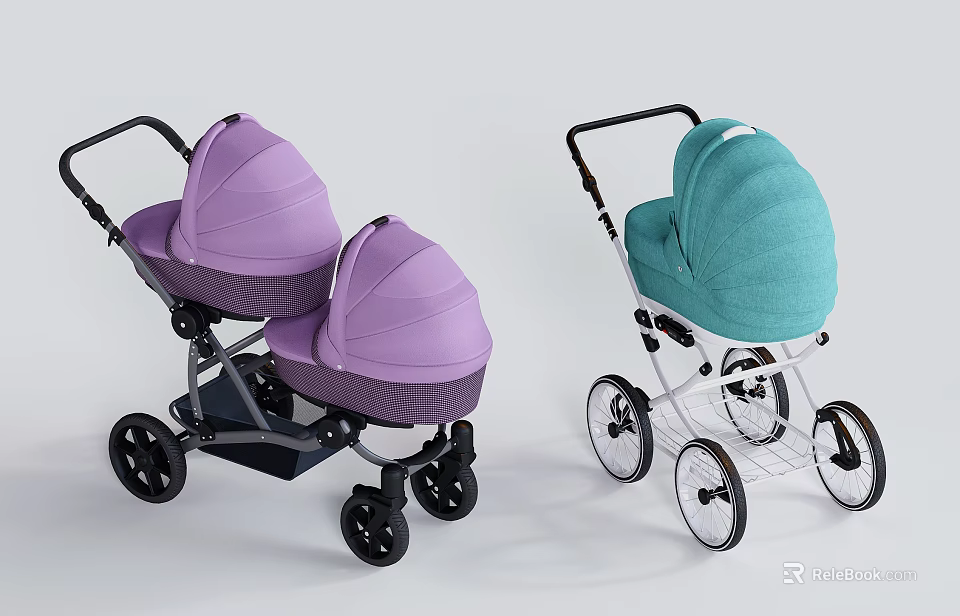 Modern Baby Strollers With Purple And Teal Canopies For Daily Living Use 3d model 