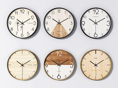 Modern Wall Clocks With Various Designs Wooden Frames And Numbered Dials 3d model