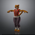 3D Tiger Character in Red Vest Purple Pants Standing with Arms Outstretched on Gray Background