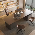Modern Bright Wooden Office Desk With Computer Documents And Two Chairs Near Window Blinds