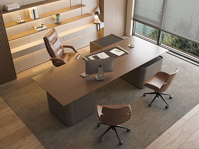 Modern Bright Wooden Office Desk With Computer Documents And Two Chairs Near Window Blinds 3d model