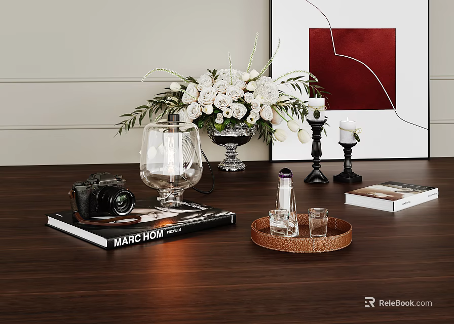 Stylish Decorative Ornament Set With Camera Wine Glass Tray Vase Candle Holders And Artwork 3d model 