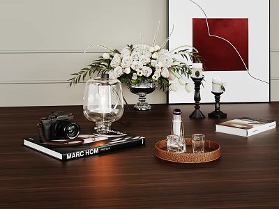 Stylish Decorative Ornament Set With Camera Wine Glass Tray Vase Candle Holders And Artwork 3d model