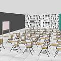 School Classroom Interior With Wooden Desks Chairs And Geometric Patterned Walls