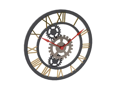 Vintage Wall Clock With Roman Numerals Exposed Gears And Red Hands 3d model