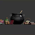 Assorted Daily Living Items With Black Cauldron Clay Pots Egg Basket Scroll And Mushrooms
