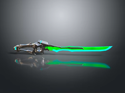 Futuristic Sci Fi Sword with Green Glowing Blade and Metallic Handle on Reflective Surface 3d model