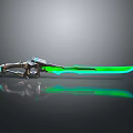 Futuristic Sci Fi Sword with Green Glowing Blade and Metallic Handle on Reflective Surface