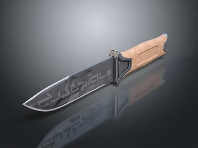 Tactical Combat Knife With Black Engraved Blade And Brown Wood Handle 3d model
