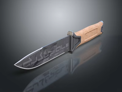 Tactical Combat Knife With Black Engraved Blade And Brown Wood Handle 3d model