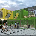 Yellow And Green Container Building With Glass Windows Terrace Outdoor Seating And Leisure Space