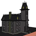 Gothic Style Black Exterior Detached Villa With Tower Arched Windows And Stone Base