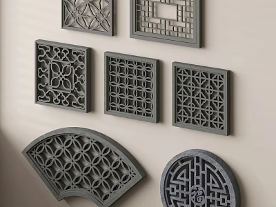 Traditional Decorative Carved Lattice Windows With Geometric Patterns In Various Shapes On Wall 3d model