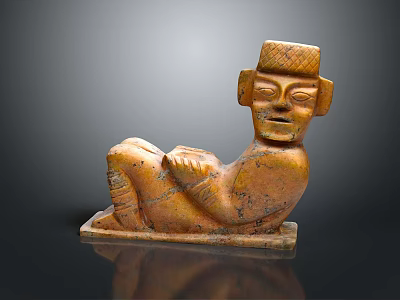 Ancient Human Figure Stone Carving In Reclining Position With Ornate Hat And Square Base 3d model