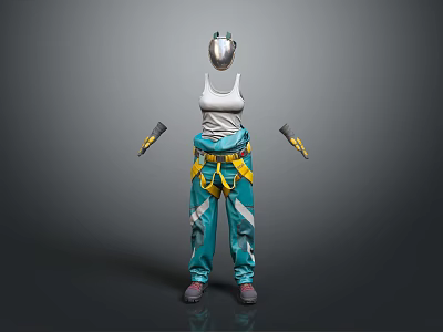 Practical Workwear Outfit With White Tank Top Teal Pants Yellow Tool Belt Goggles And Gloves 3d model