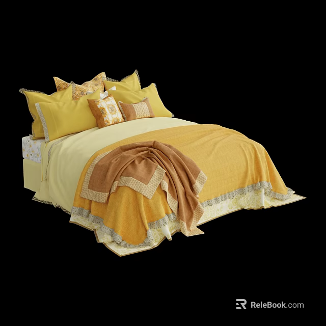 Cozy Double Bed with Yellow Brown Bedding Pillows and Lace Trim Blanket 3d model 