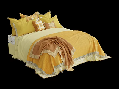 Cozy Double Bed with Yellow Brown Bedding Pillows and Lace Trim Blanket 3d model