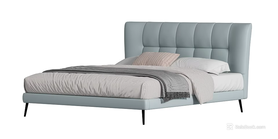 Modern Upholstered Double Bed With Tufted Light Blue Headboard And Soft Linen Sheets Throw Blanket 3d model