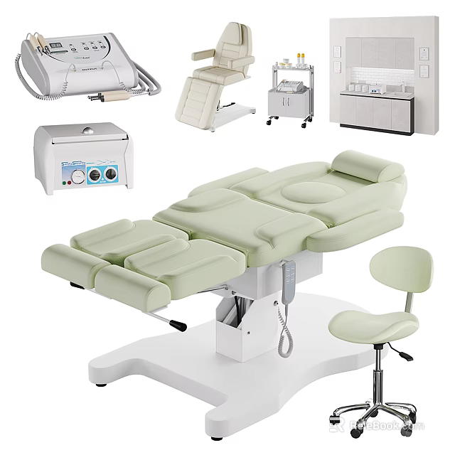 Adjustable Multifunctional Treatment Table With Reclining Sections Comfortable Cushion And Stool 3d model 