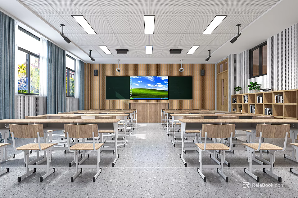 School Bright Classroom With Large Screen Blackboard Wooden Desks Chairs Bookshelves And Windows 3d model 
