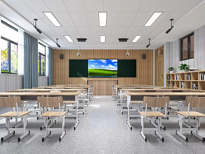 School Bright Classroom With Large Screen Blackboard Wooden Desks Chairs Bookshelves And Windows 3d model