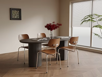 Modern Round Dining Table Set With Four Brown Chairs Metal Legs And Red Flower Vase 3d model