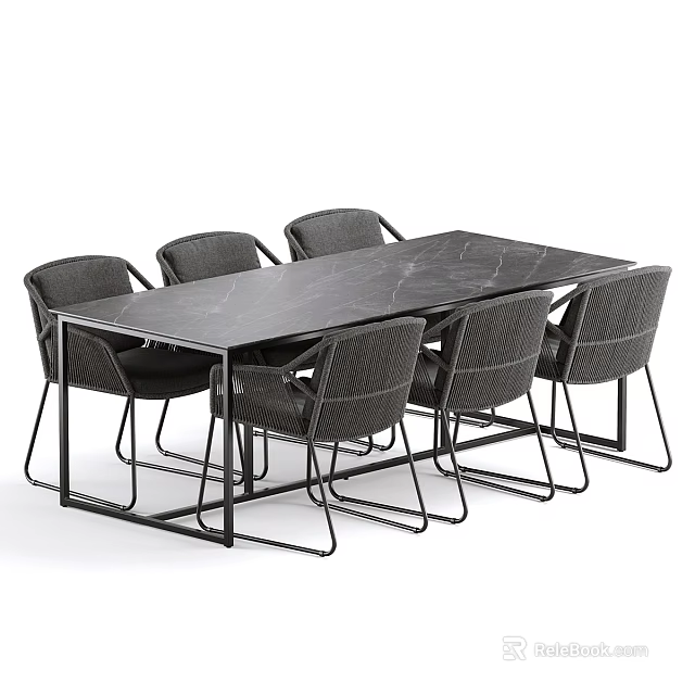 Modern Minimalist Rectangular Dining Table Set With Marble Top And Six Gray Chairs Metal Frame 3d model 