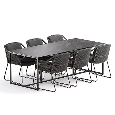 Modern Minimalist Rectangular Dining Table Set With Marble Top And Six Gray Chairs Metal Frame 3d model