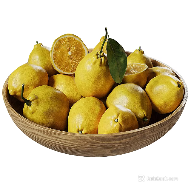 Fresh Lemons in Wooden Bowl with Whole and Sliced Pieces and Green Leaf 3d model 