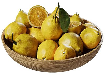 Fresh Lemons in Wooden Bowl with Whole and Sliced Pieces and Green Leaf 3d model