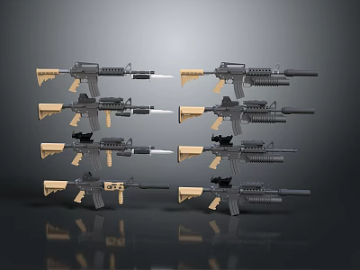 Multiple Different Styles of Rifles in Black and Beige Arranged with Reflections on Dark Background 3d model