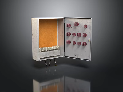 Open Industrial Control Panel With Metal Enclosure Orange Interior Red Knobs And Cables At Bottom 3d model