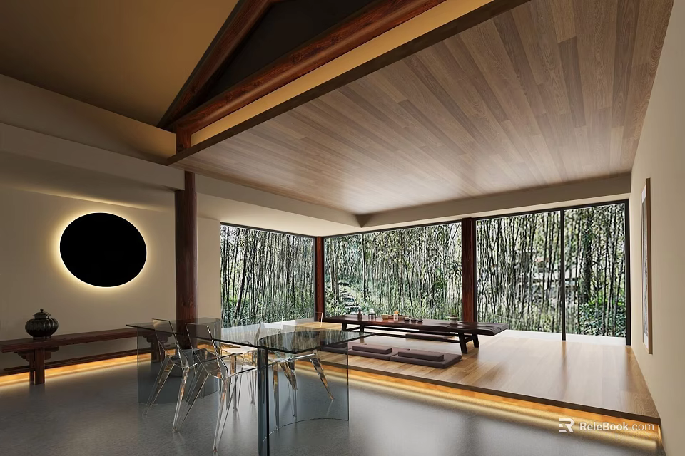 Traditional Tea Room With Wooden Ceiling Large Windows Bamboo View Circular Lighting And Tatami Area 3d model 