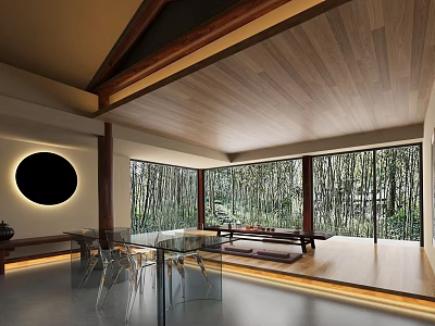 Traditional Tea Room With Wooden Ceiling Large Windows Bamboo View Circular Lighting And Tatami Area 3d model