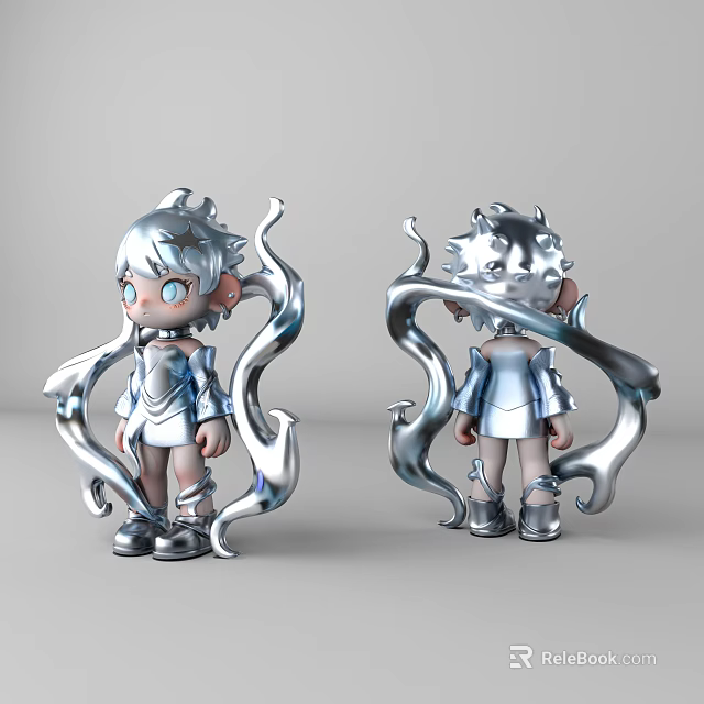 Silver Cartoon Character With Flowing Creature Elements And Shiny Metallic Design 3d model 