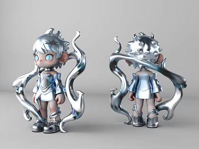 Silver Cartoon Character With Flowing Creature Elements And Shiny Metallic Design 3d model