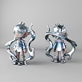 Silver Cartoon Character With Flowing Creature Elements And Shiny Metallic Design