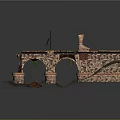 Ancient Stone Bridge 3D Model with Arched Design Flag Damaged Structure and Water Reflection 3d model