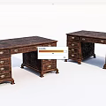 Vintage Wooden Desks With Multiple Drawers Ornate Carved Details And Dark Brown Finish