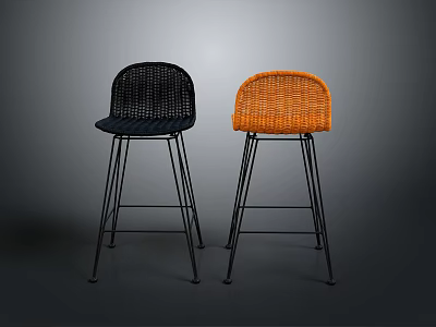 Woven Black and Orange Bar Stools With Black Metal Legs In Dark Background 3d model