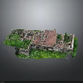 Architectural Model of Ruined Structure With Red Roof Green Grass and Stone Walls