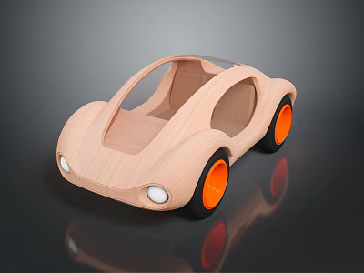 Wooden Toy Car With Rounded Design Orange Wheels Transparent Roof And Shiny Black Background 3d model