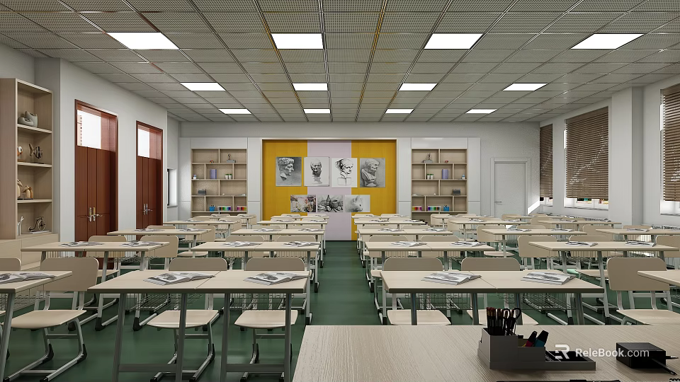 School Classroom With Green Floor Yellow Wall Black And White Photos And Bookshelves 3d model 