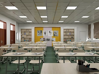 School Classroom With Green Floor Yellow Wall Black And White Photos And Bookshelves 3d model