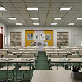 School Classroom With Green Floor Yellow Wall Black And White Photos And Bookshelves