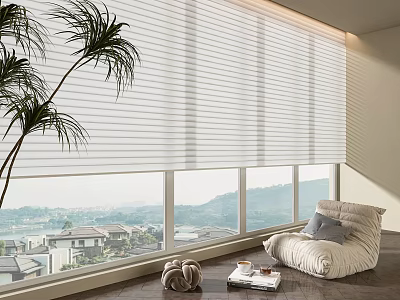 White Pleated Curtains in Modern Living Room with Palm Plant Cozy Armchair and Mountain View 3d model