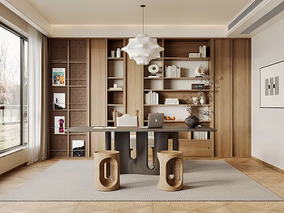 Modern Study Room Interior With Wooden Bookshelves Writing Desk And Pendant Light 3d model