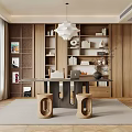 Modern Study Room Interior With Wooden Bookshelves Writing Desk And Pendant Light
