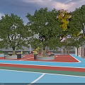 Park Landscape With Lush Green Trees Red Blue Playground Areas And White Marking Lines