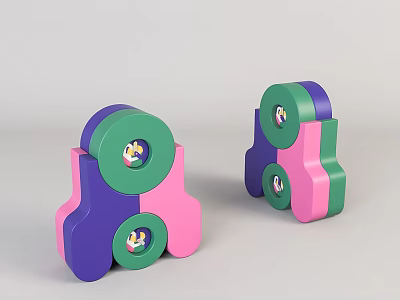 Colorful Building Block Clocks with Penguin Design in Green Purple Pink 3d model